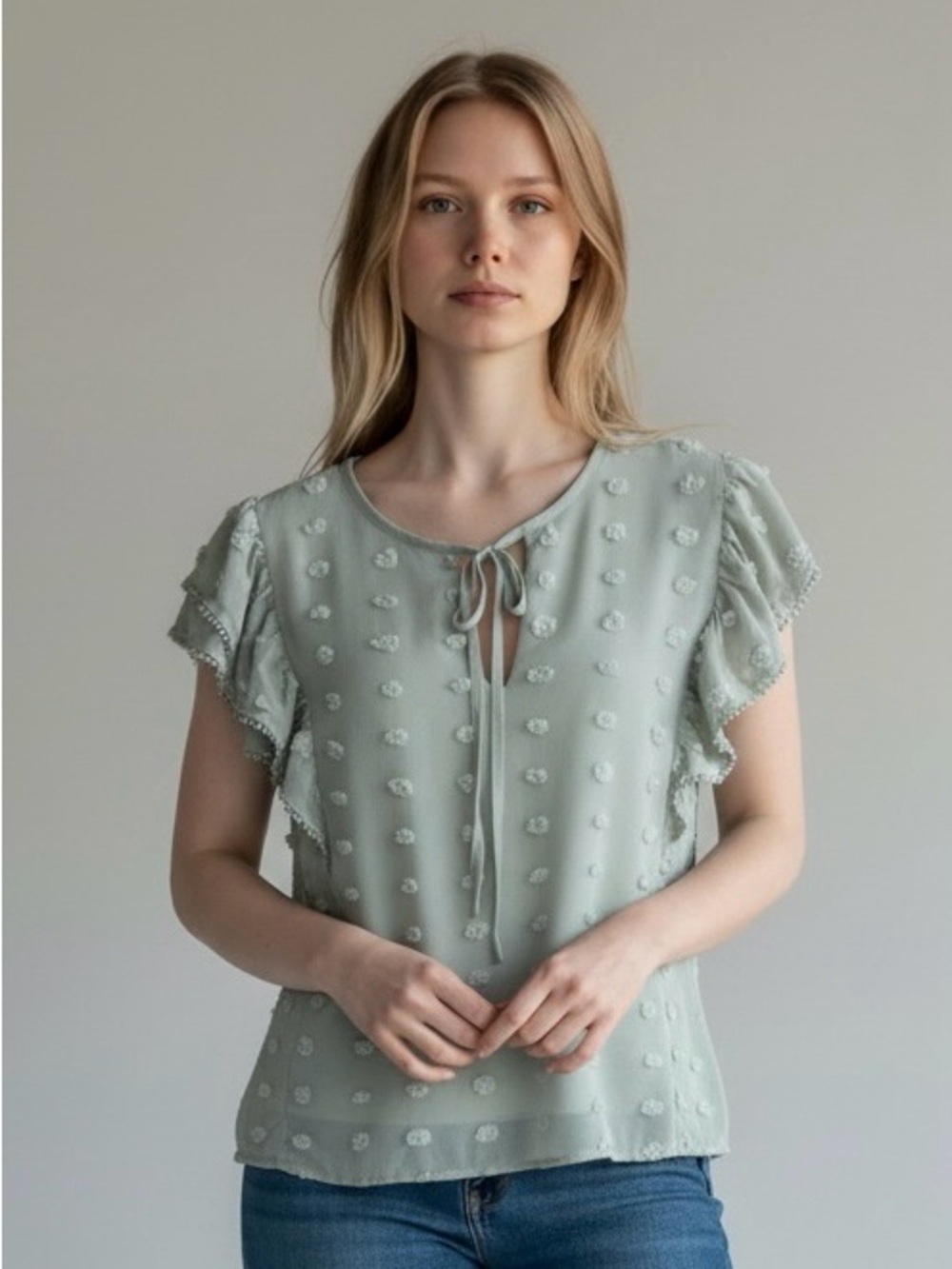 Blu Pepper Textured Swiss Dot Tie-Neck Blouse in Sage Green Lined Women’s L